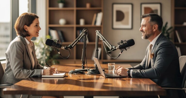 Journaliste et dirigeant face a face lors d'une interview podcast en entreprise avec micros
