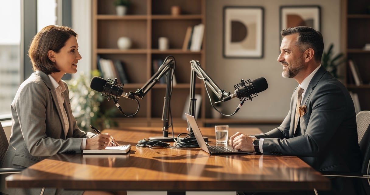 Journaliste et dirigeant face a face lors d'une interview podcast en entreprise avec micros