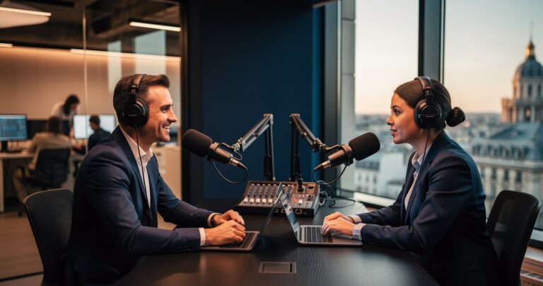 Studio de podcast d entreprise avec deux personnes en interview