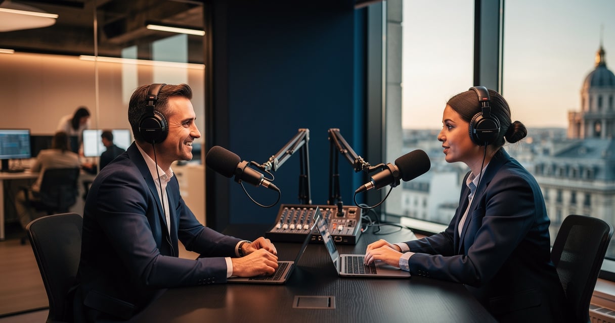 Studio de podcast d entreprise avec deux personnes en interview