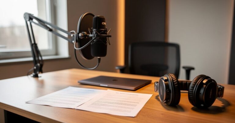 Script de podcast professionnel posé à côté d un micro sur un bureau de studio