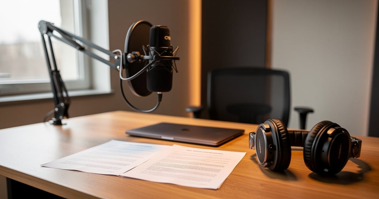 Script de podcast professionnel posé à côté d un micro sur un bureau de studio