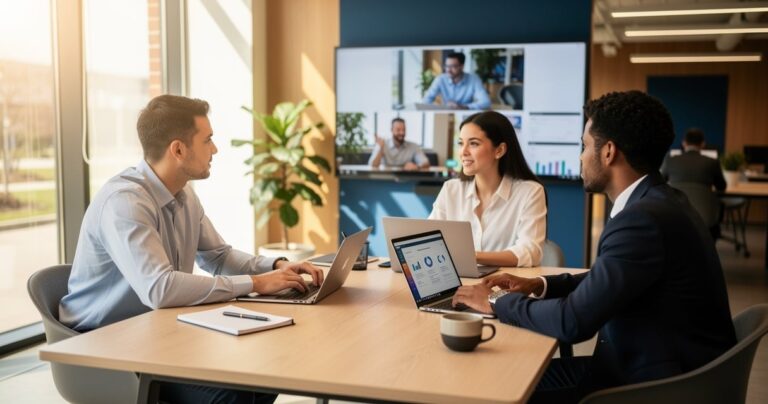 Réunion d'équipe hybride avec collaborateurs au bureau et à distance en visioconférence