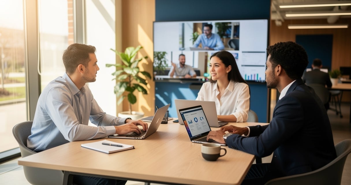 Réunion d'équipe hybride avec collaborateurs au bureau et à distance en visioconférence