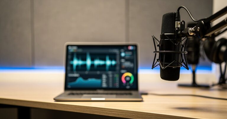 Studio de podcast professionnel avec micro et ordinateur affichant des analyses audio