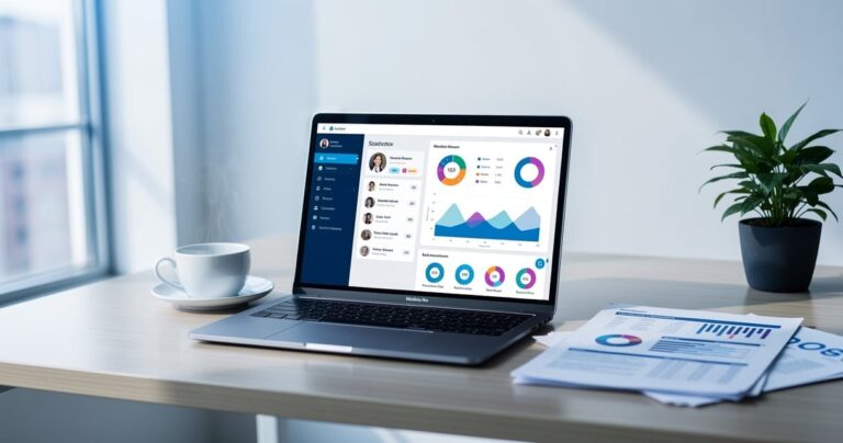 Bureau moderne avec ordinateur portable affichant une interface de réseau social professionnel