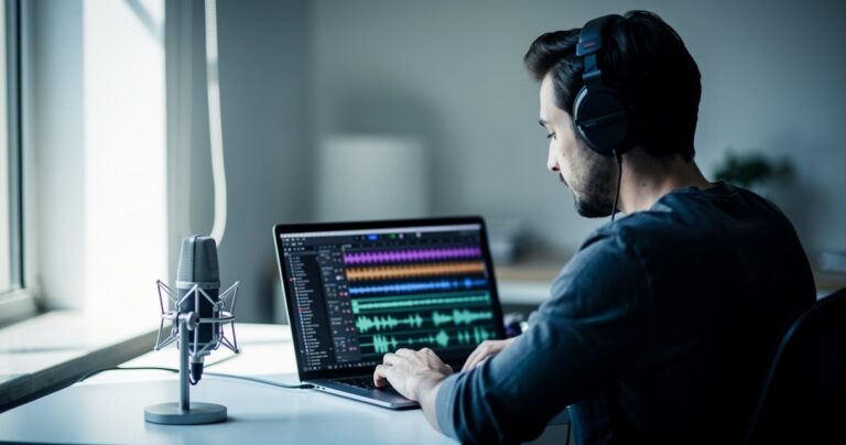 Personne en train de monter de l'audio sur un ordinateur portable avec un casque et un micro de bureau