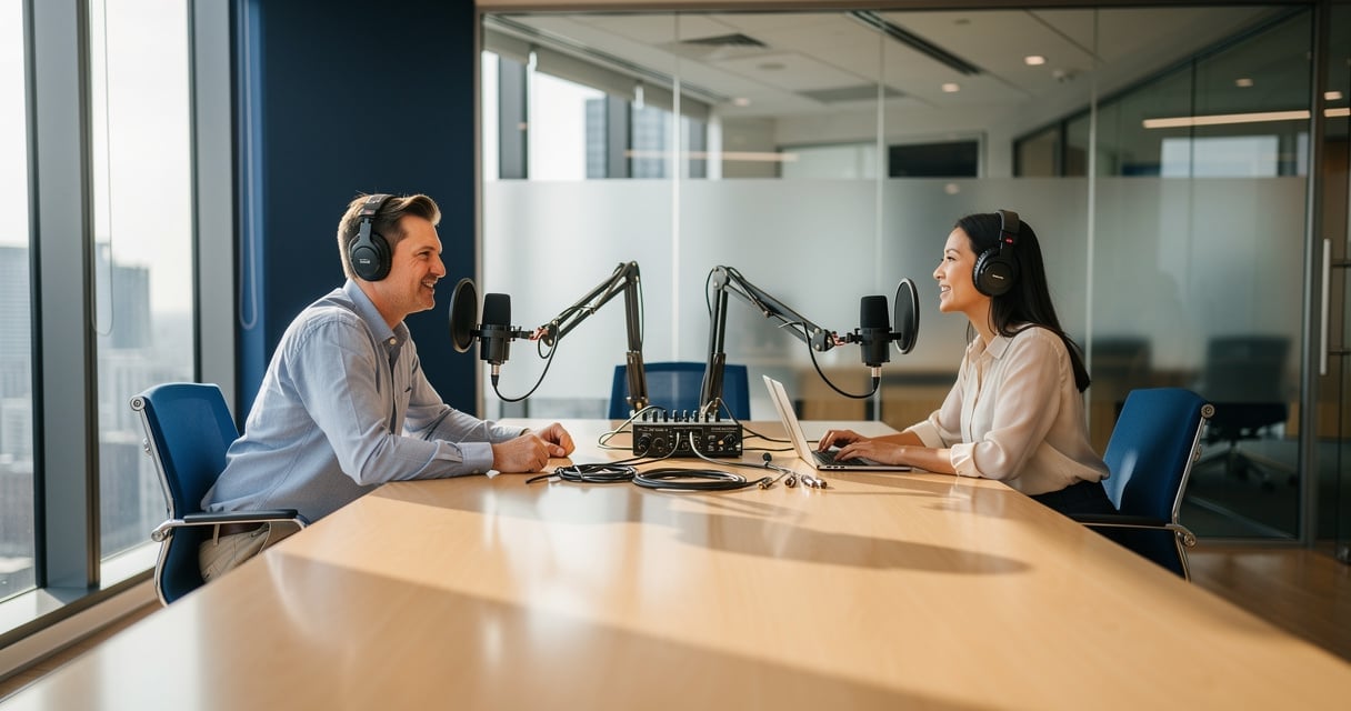 Studio podcast d'entreprise avec deux collaborateurs enregistrant un episode marque employeur