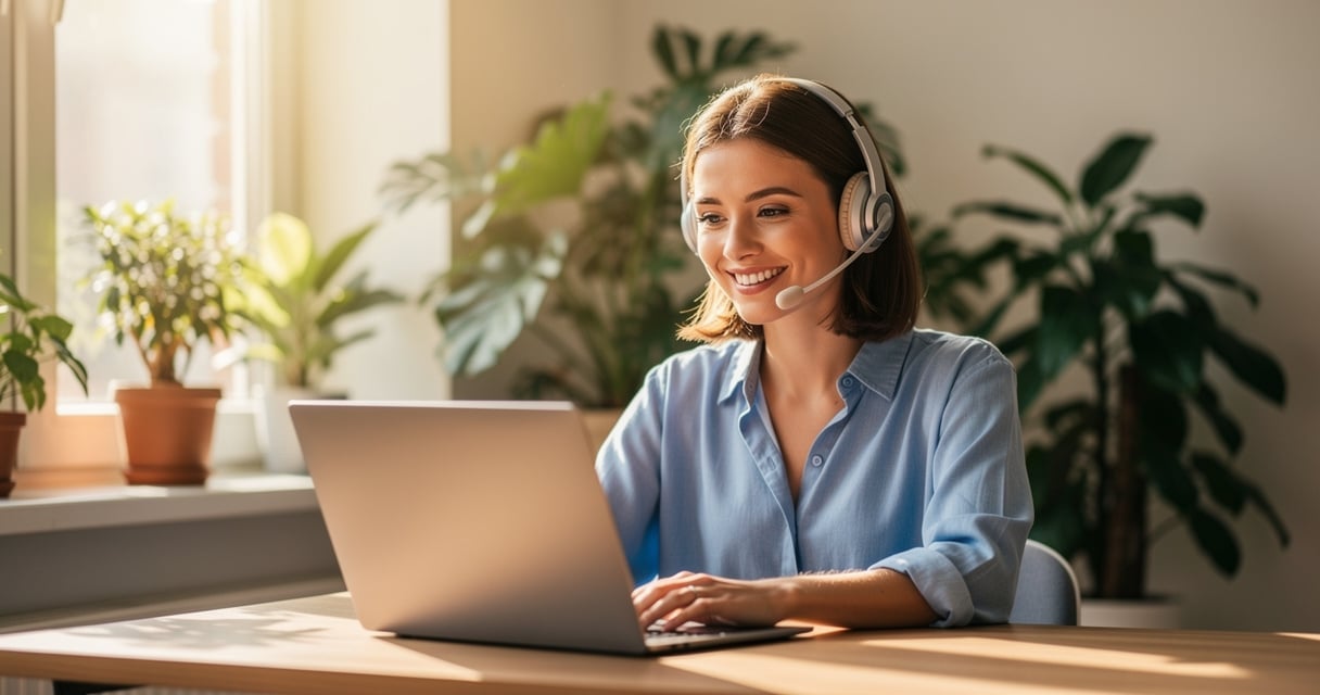 Nouvelle recrue en télétravail lors d'un appel vidéo d'intégration depuis son bureau à domicile