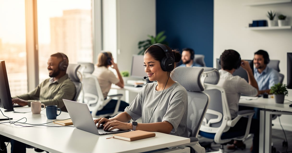Collaborateurs écoutant un podcast interne au bureau avec des écouteurs