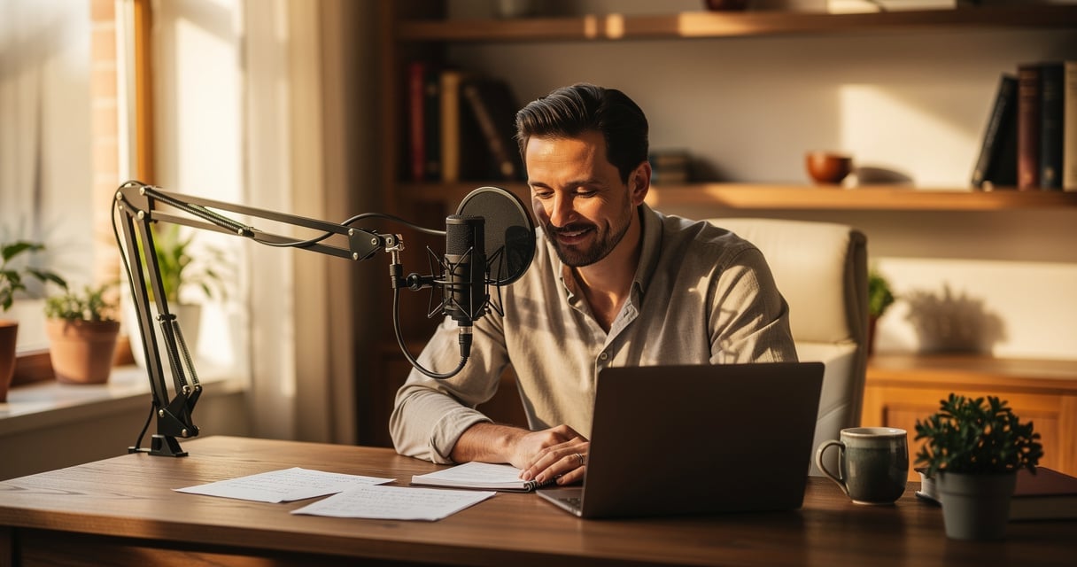Dirigeant de PME enregistrant un podcast dans son bureau avec un micro professionnel