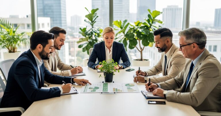 Equipe d entreprise reunie autour d un rapport RSE dans un bureau lumineux