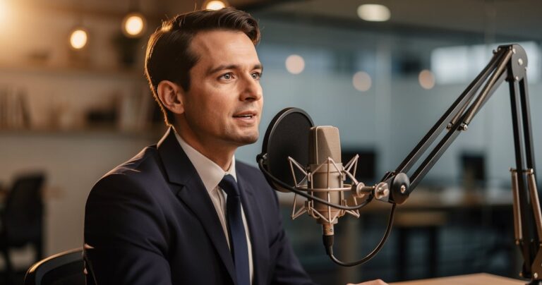 Professionnel parlant dans un micro de studio lors d'un témoignage client