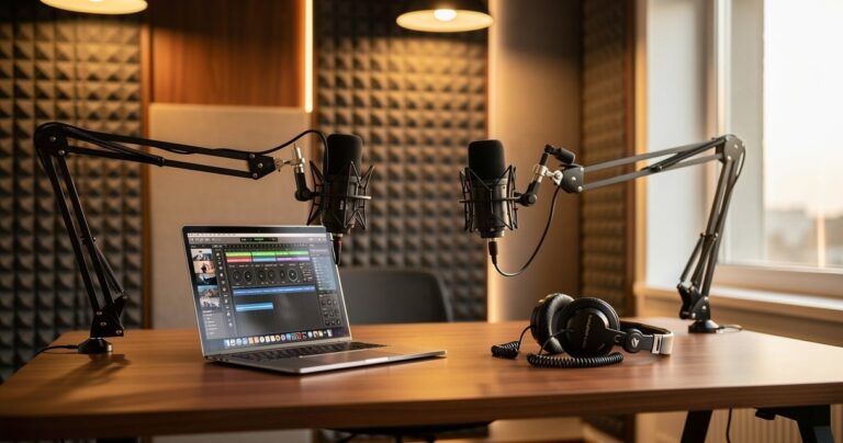 Studio de podcast professionnel avec microphones et équipement d enregistrement