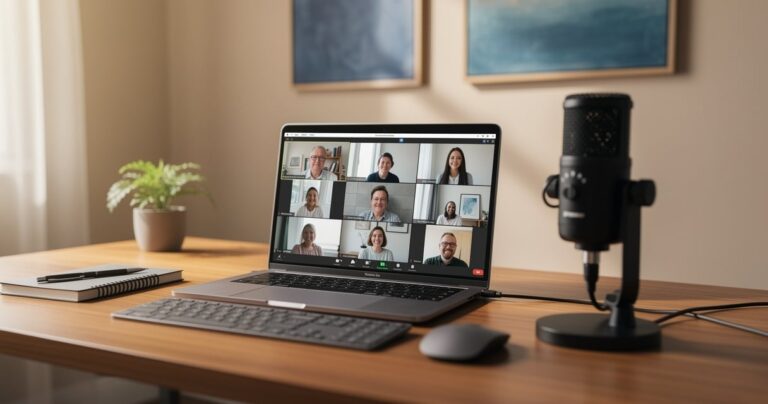 Bureau professionnel avec ordinateur portable diffusant un webinar et microphone de podcast en premier plan